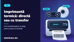 Imprimantă termică de etichete ilustrată vectorial, cu rolă de hârtie, ribbon și etichete cu coduri de bare, alături de titlul ghidului despre imprimarea directă și transferul termic.