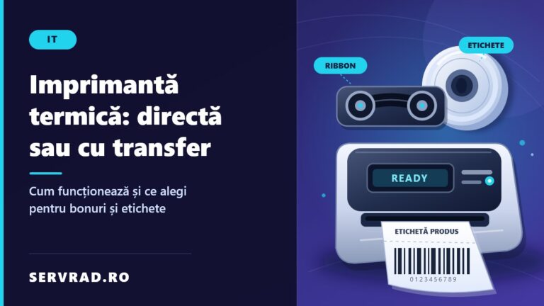 Imprimantă termică de etichete ilustrată vectorial, cu rolă de hârtie, ribbon și etichete cu coduri de bare, alături de titlul ghidului despre imprimarea directă și transferul termic.