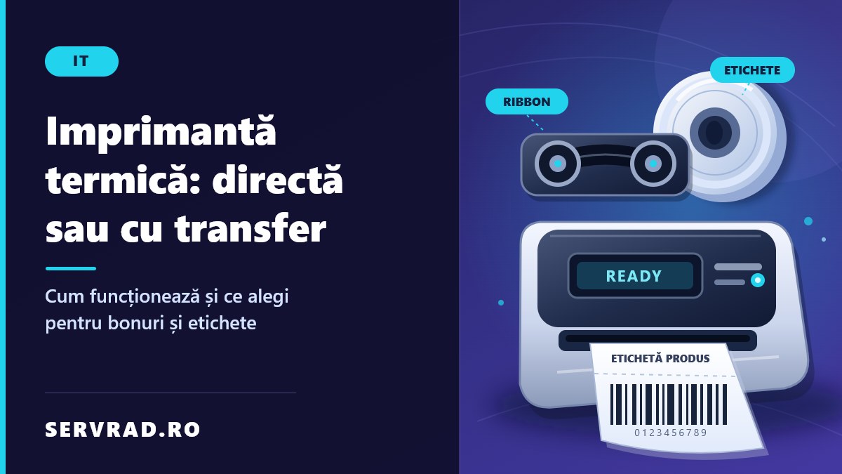 Imprimantă termică de etichete ilustrată vectorial, cu rolă de hârtie, ribbon și etichete cu coduri de bare, alături de titlul ghidului despre imprimarea directă și transferul termic.