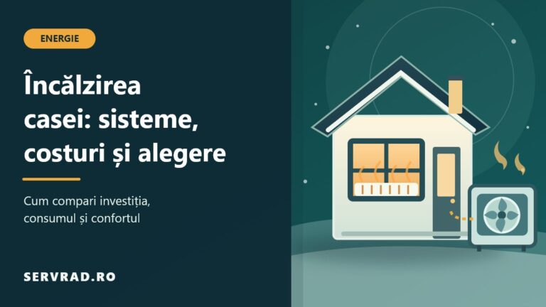 Casă ilustrată iarna, cu radiator cald în fereastră și pompă de căldură exterioară, alături de titlul ghidului despre încălzire