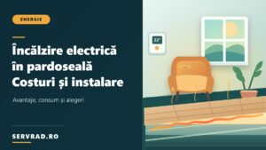 Încălzire electrică în pardoseală ilustrată într-o cameră modernă, cu termostat pe perete și secțiune prin pardoseala cu cabluri încălzitoare.