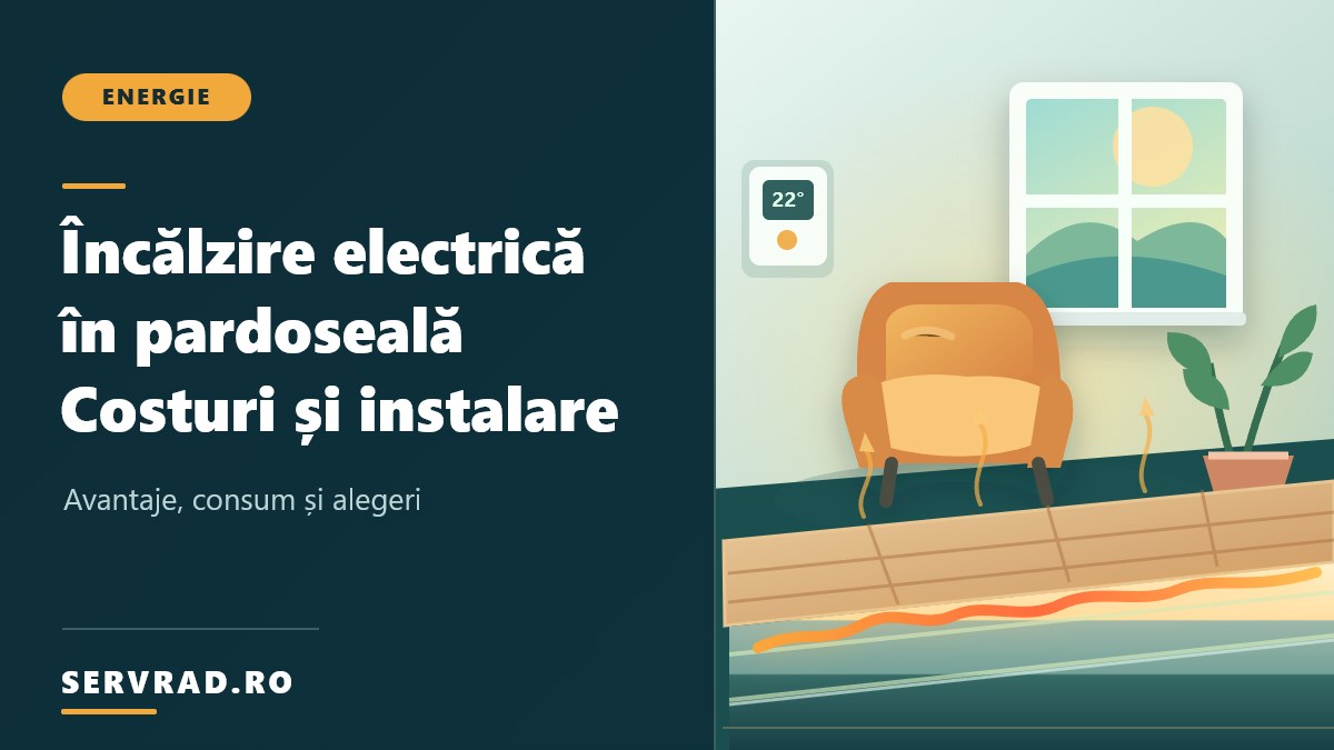 Încălzire electrică în pardoseală ilustrată într-o cameră modernă, cu termostat pe perete și secțiune prin pardoseala cu cabluri încălzitoare.