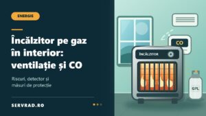 Încălzitor portabil pe gaz într-o încăpere ventilată, cu fereastră și detector de monoxid de carbon montat pe perete, ilustrând măsurile de siguranță.