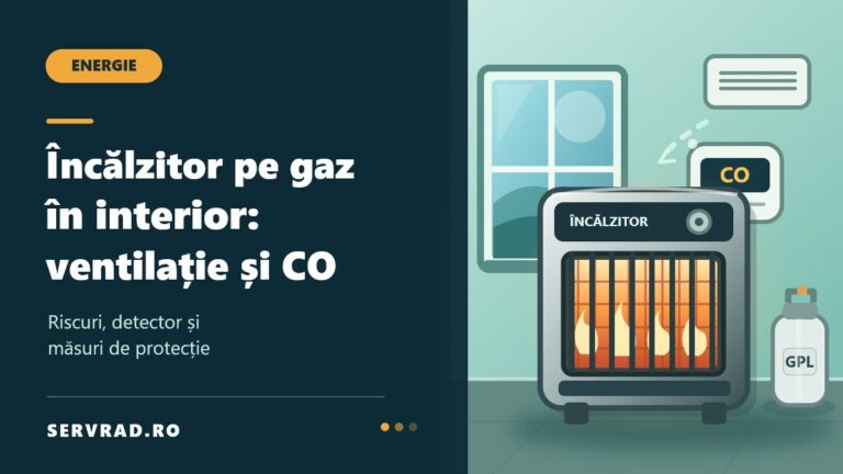 Încălzitor portabil pe gaz într-o încăpere ventilată, cu fereastră și detector de monoxid de carbon montat pe perete, ilustrând măsurile de siguranță.
