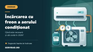 Ilustrație cu un aparat de aer condiționat split, unitatea exterioară, butelie de agent frigorific R32 și manometre folosite la verificarea circuitului.