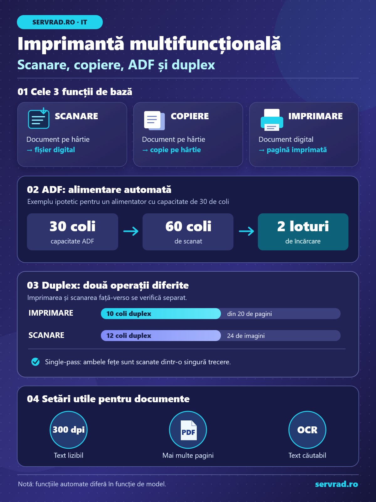 Infografic despre funcțiile imprimantei multifuncționale: scanare, copiere, ADF și duplex, cu exemple de economisire a hârtiei, scanare față-verso și setări pentru PDF.