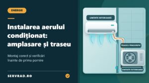 Ilustrație cu instalarea unui aparat de aer condiționat split, unitatea interioară montată pe perete, unitatea exterioară pe console și traseul frigorific dintre ele.