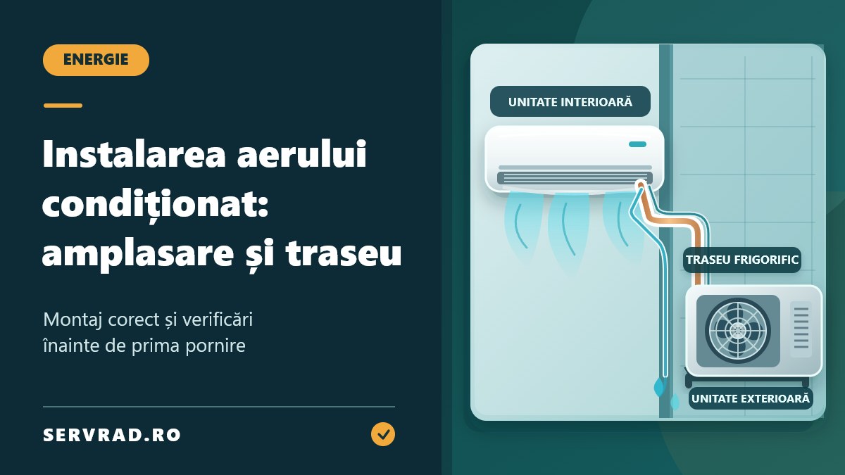 Ilustrație cu instalarea unui aparat de aer condiționat split, unitatea interioară montată pe perete, unitatea exterioară pe console și traseul frigorific dintre ele.
