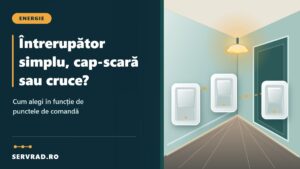 Întrerupător simplu, cap-scară și cruce ilustrate într-un hol luminat, cu trei mecanisme de comandă montate pe perete și explicația diferențelor.