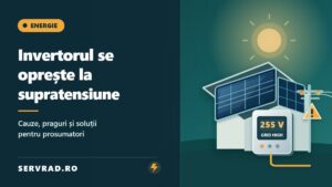 Invertor fotovoltaic conectat la panourile solare și la rețeaua electrică, cu avertizare de supratensiune de 255 V și oprirea injectării energiei.