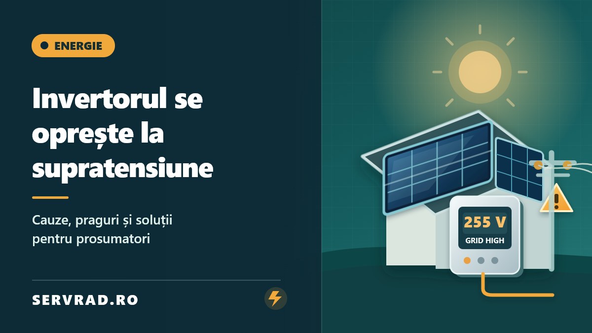 Invertor fotovoltaic conectat la panourile solare și la rețeaua electrică, cu avertizare de supratensiune de 255 V și oprirea injectării energiei.