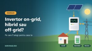 Invertor cu săgeți de energie între panouri, casă, baterie și rețea