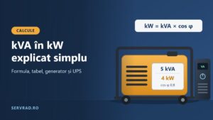 Generator de curent cu plăcuța de identificare 5 kVA / 4 kW la cos φ 0,8, lângă un UPS și formula kW = kVA × cos φ