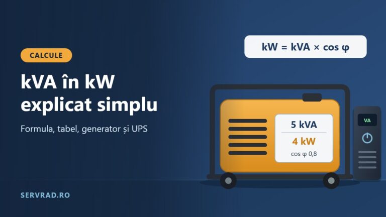 Generator de curent cu plăcuța de identificare 5 kVA / 4 kW la cos φ 0,8, lângă un UPS și formula kW = kVA × cos φ