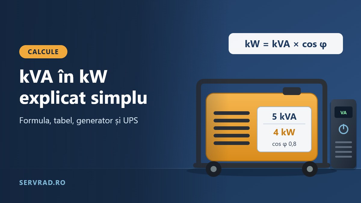 Generator de curent cu plăcuța de identificare 5 kVA / 4 kW la cos φ 0,8, lângă un UPS și formula kW = kVA × cos φ
