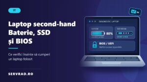 Laptop second-hand ilustrat cu ecran de diagnostic, indicator pentru bateria de 80%, verificarea SSD-ului și simbolul de securitate BIOS.