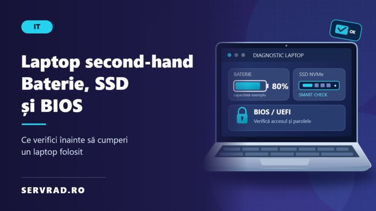 Laptop second-hand ilustrat cu ecran de diagnostic, indicator pentru bateria de 80%, verificarea SSD-ului și simbolul de securitate BIOS.