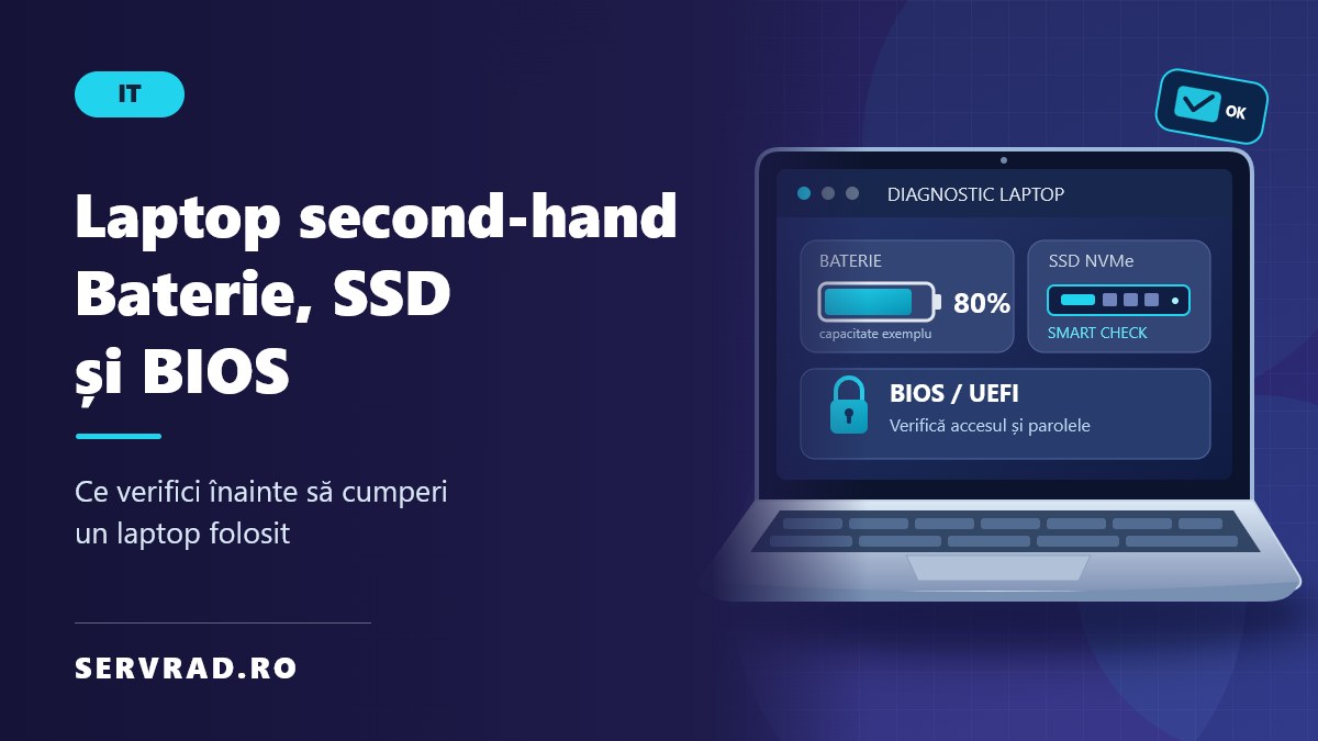 Laptop second-hand ilustrat cu ecran de diagnostic, indicator pentru bateria de 80%, verificarea SSD-ului și simbolul de securitate BIOS.