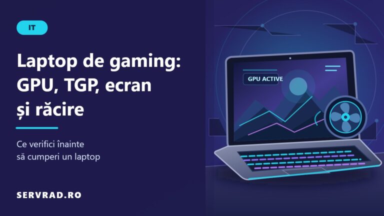 Laptop de gaming ilustrat vectorial, cu ecran luminos, tastatură RGB și sistem de răcire, alături de titlul ghidului despre GPU, TGP și ecran