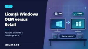 Comparație între licențele Windows OEM și Retail, ilustrată prin două calculatoare, o cheie de activare și posibilitatea transferului pe alt PC.
