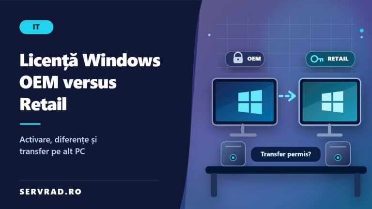 Comparație între licențele Windows OEM și Retail, ilustrată prin două calculatoare, o cheie de activare și posibilitatea transferului pe alt PC.