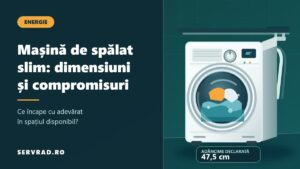 Mașină de spălat slim ilustrată într-o baie compactă, cu hublou frontal, racorduri de apă și spațiu pentru instalare.