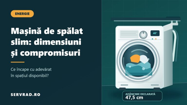 Mașină de spălat slim ilustrată într-o baie compactă, cu hublou frontal, racorduri de apă și spațiu pentru instalare.