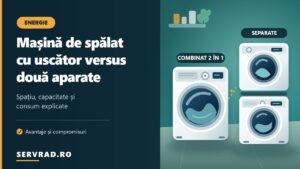 Comparație între o mașină de spălat cu uscător integrat și două aparate separate, mașină de spălat și uscător suprapuse, cu ilustrații ale tamburilor și panourilor de comandă