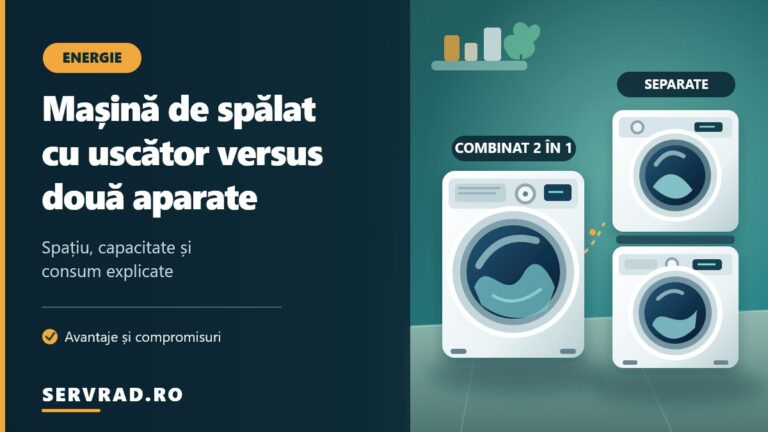 Comparație între o mașină de spălat cu uscător integrat și două aparate separate, mașină de spălat și uscător suprapuse, cu ilustrații ale tamburilor și panourilor de comandă