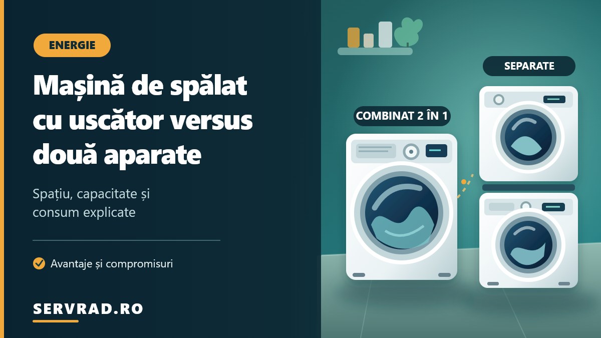 Comparație între o mașină de spălat cu uscător integrat și două aparate separate, mașină de spălat și uscător suprapuse, cu ilustrații ale tamburilor și panourilor de comandă