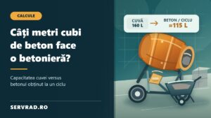 Betonieră electrică pe șantier, cu o cuvă de 160 de litri și un randament ilustrativ de aproximativ 115 litri de beton la un ciclu de amestecare.