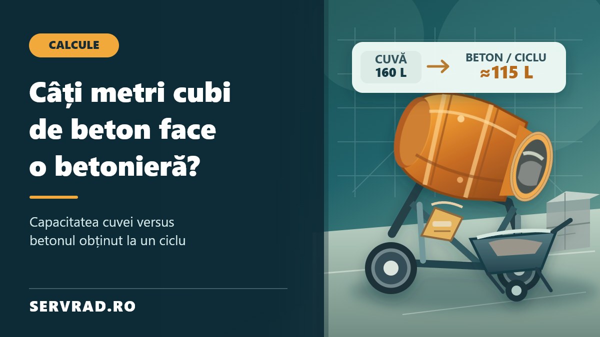 Betonieră electrică pe șantier, cu o cuvă de 160 de litri și un randament ilustrativ de aproximativ 115 litri de beton la un ciclu de amestecare.