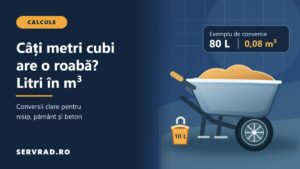 Roabă de construcții încărcată cu nisip, cu exemplul de conversie a unei capacități de 80 de litri în 0,08 metri cubi.