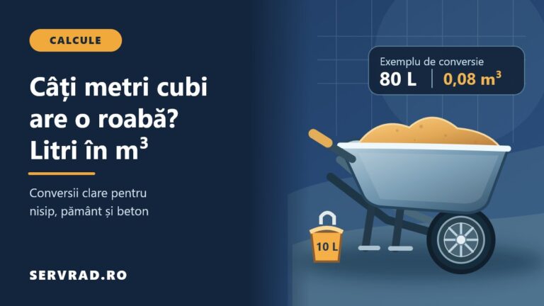 Roabă de construcții încărcată cu nisip, cu exemplul de conversie a unei capacități de 80 de litri în 0,08 metri cubi.
