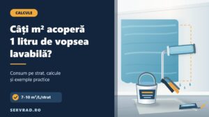 Perete vopsit cu trafaletul și găleată de vopsea lavabilă, alături de titlul ghidului despre suprafața acoperită de un litru.