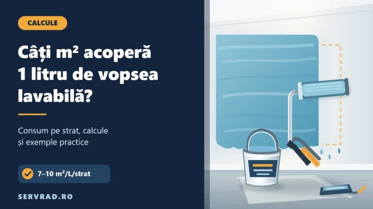 Perete vopsit cu trafaletul și găleată de vopsea lavabilă, alături de titlul ghidului despre suprafața acoperită de un litru.