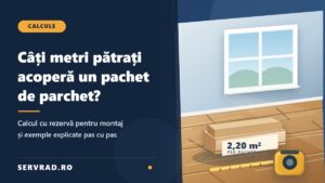 Cameră cu pardoseală din parchet laminat, cutie de parchet de 2,20 m² și ruletă, alături de titlul ghidului pentru calcularea numărului de pachete.