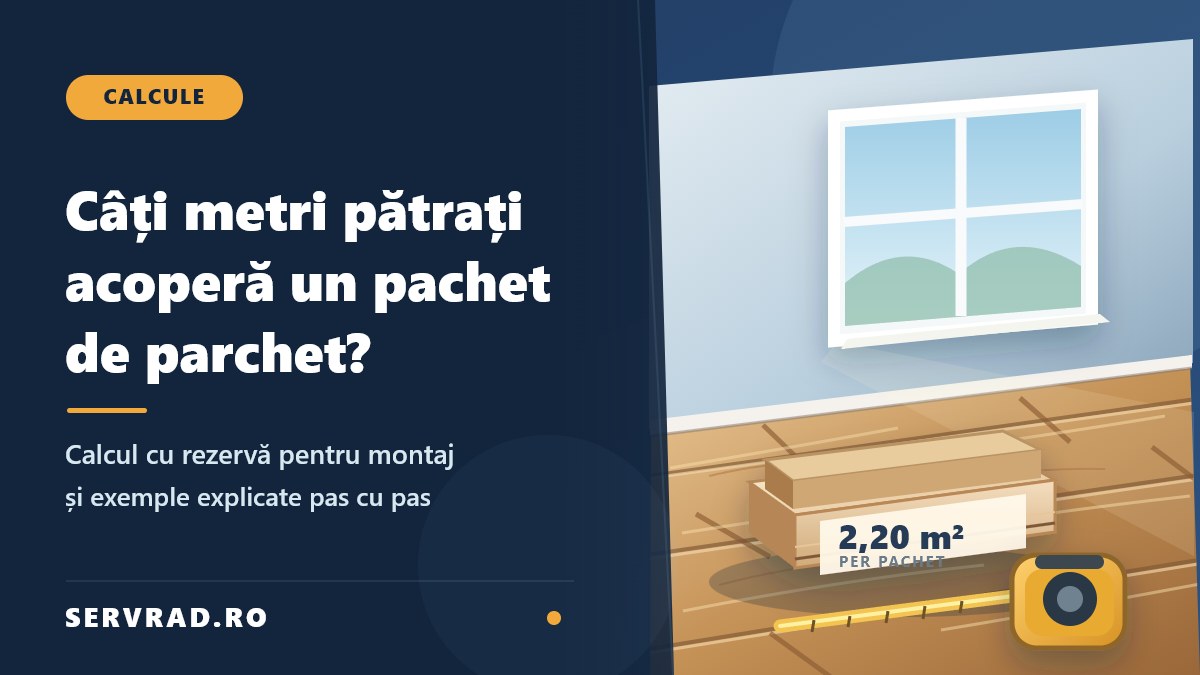 Cameră cu pardoseală din parchet laminat, cutie de parchet de 2,20 m² și ruletă, alături de titlul ghidului pentru calcularea numărului de pachete.