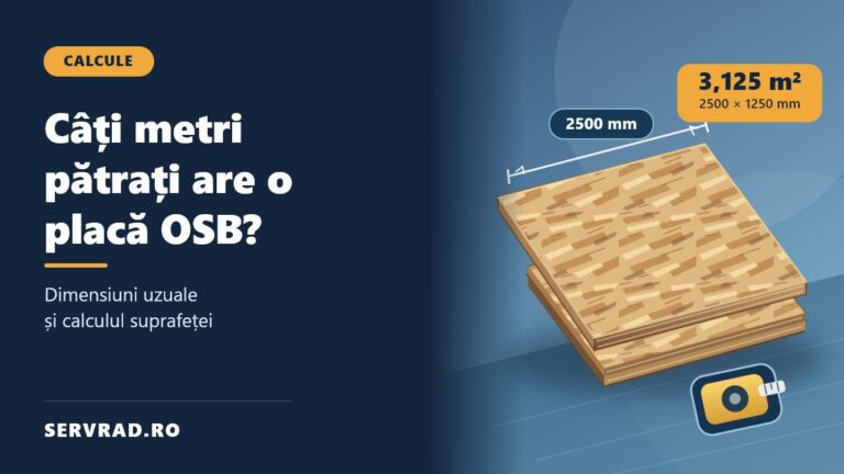 Plăci OSB suprapuse, cu textura așchiilor de lemn și dimensiunile de 2500 × 1250 mm, reprezentând o suprafață de 3,125 metri pătrați.