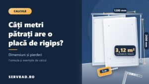 Plăci de rigips montate pe o structură metalică, cu dimensiunile de 1200 × 2600 mm și suprafața de 3,12 metri pătrați, alături de instrumente pentru măsurare.