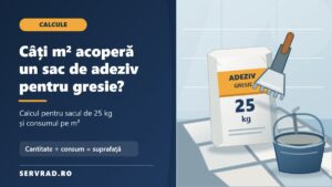 Sac de adeziv pentru gresie de 25 kg, plăci ceramice și gletieră dințată, cu explicația calculului suprafeței acoperite în metri pătrați.