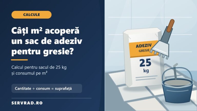 Sac de adeziv pentru gresie de 25 kg, plăci ceramice și gletieră dințată, cu explicația calculului suprafeței acoperite în metri pătrați.