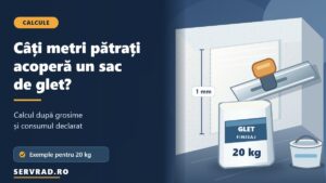 Sac de glet de 20 kg lângă un perete în curs de finisare, cu gletieră și instrumente de măsurare, ilustrând calculul suprafeței acoperite.