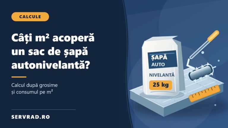 Sac de șapă autonivelantă de 25 kg lângă o pardoseală în curs de nivelare, cu instrumente de aplicare și măsurare a grosimii stratului.