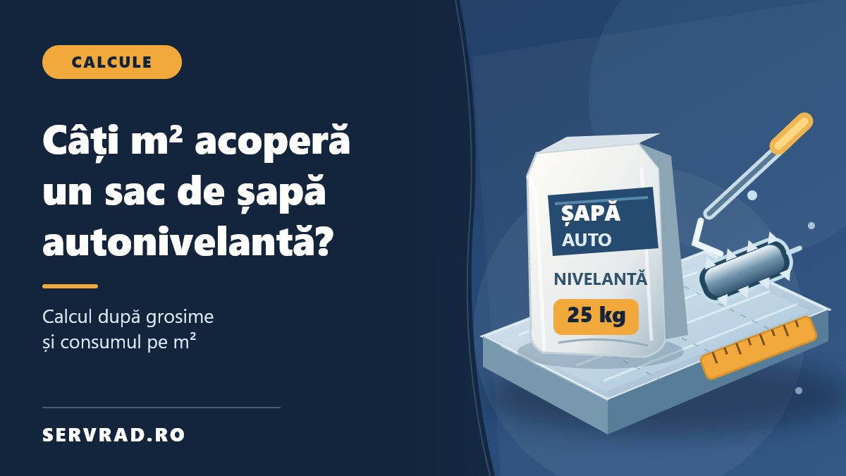 Sac de șapă autonivelantă de 25 kg lângă o pardoseală în curs de nivelare, cu instrumente de aplicare și măsurare a grosimii stratului.