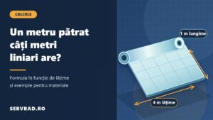 Ilustrație cu o rolă de material desfășurată și marcaje de lungime și lățime, explicând legătura dintre metri pătrați și metri liniari.