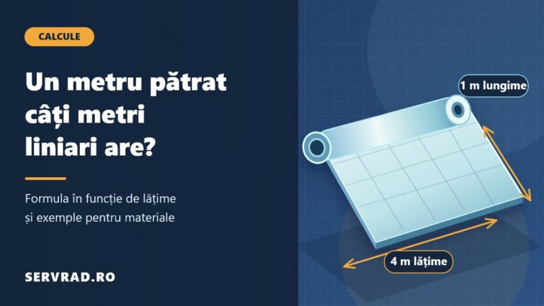 Ilustrație cu o rolă de material desfășurată și marcaje de lungime și lățime, explicând legătura dintre metri pătrați și metri liniari.