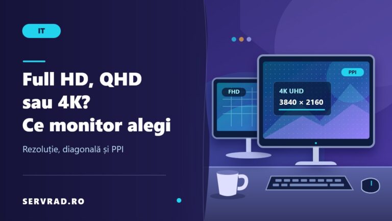 Două monitoare ilustrate pe un birou, cu evidențierea rezoluției 4K UHD de 3840 × 2160 pixeli și comparația Full HD, QHD și 4K.