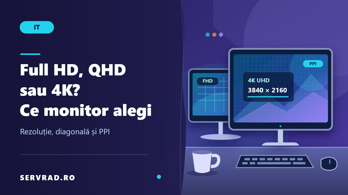 Două monitoare ilustrate pe un birou, cu evidențierea rezoluției 4K UHD de 3840 × 2160 pixeli și comparația Full HD, QHD și 4K.
