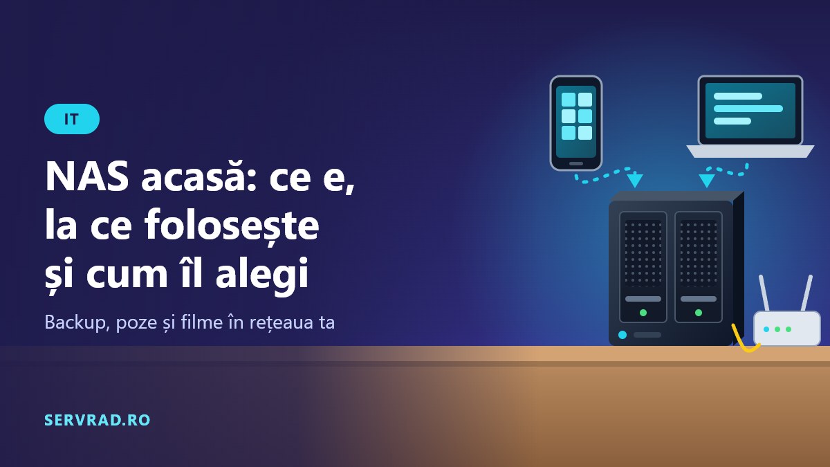 NAS cu două discuri pe un raft, legat prin cablu de rețea, care primește backup de la un telefon și un laptop
